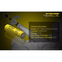 Nitecore Flat Top IMR 18650 Li-Mn Battery 2600mAh -Nitecore NC IMR18650 2600 40A 2